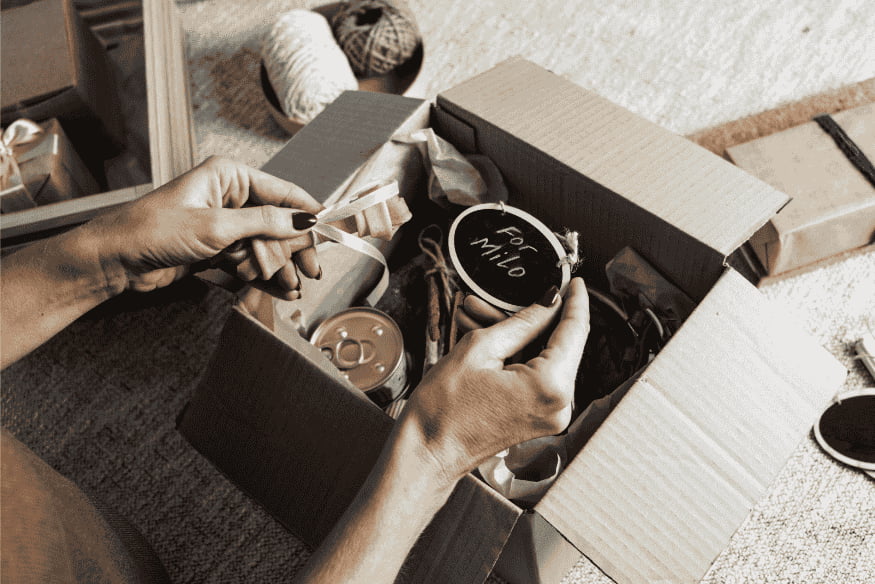 Pessoa montando brinquedo sensorial com caixa de papelão e objetos variados para pet.