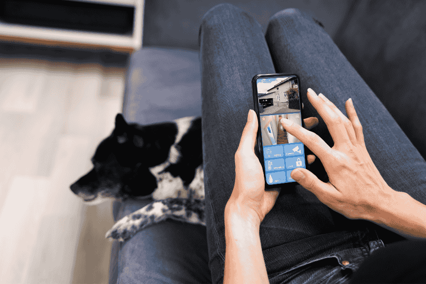 Pessoa usando aplicativo de monitoramento para pets no celular enquanto cachorro descansa no sofá.