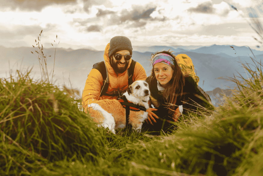 Casal fazendo trilha nas montanhas com cachorro, simbolizando viagens pet-friendly no Brasil.