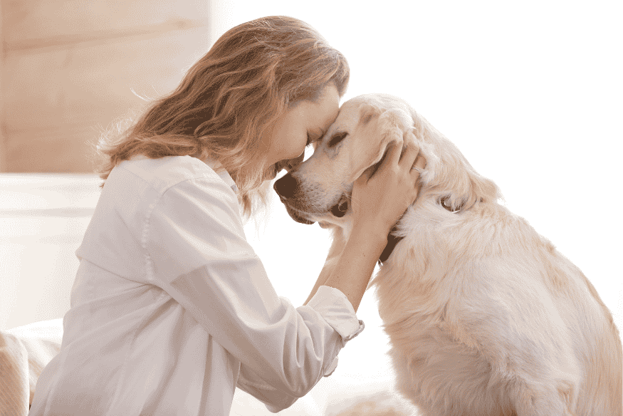 Mulher acariciando seu cão saudável após cuidados com plano de saúde pet.