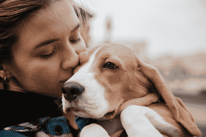Tutora abraçando um cachorro com carinho, representando a importância de estar preparado para proteger o pet em qualquer situação.