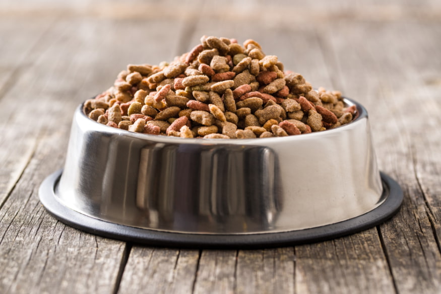 Tigela de aço inox cheia de ração seca para cães ou gatos sobre superfície de madeira, representando alimentação pet industrializada.