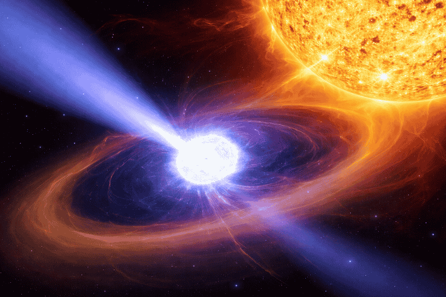 Ilustração de anã branca recebendo matéria de uma estrela próxima, fenômeno associado a sistemas binários e à evolução final das estrelas.