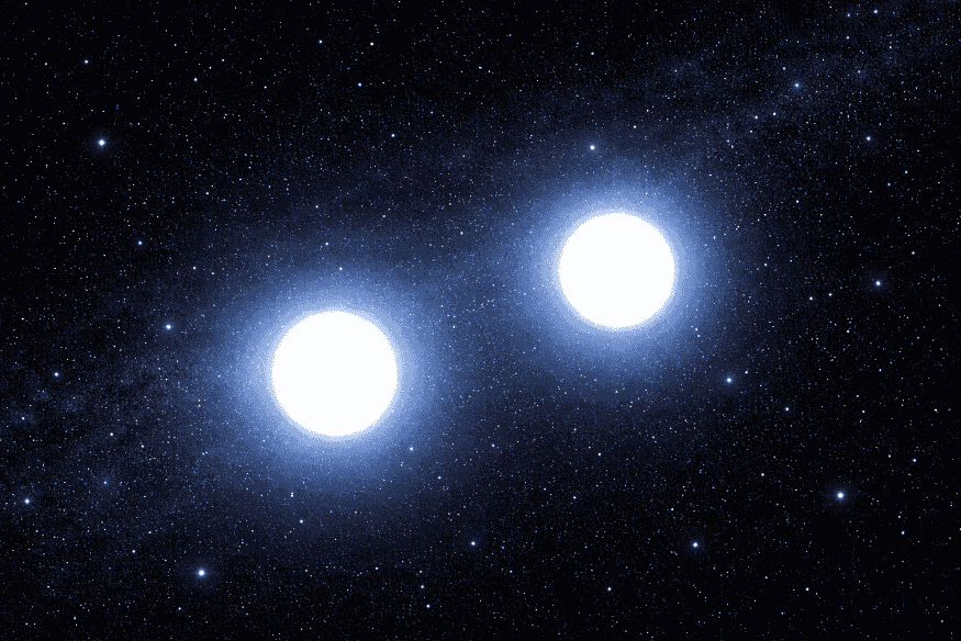 Duas anãs brancas brilhantes em meio ao espaço, imagem que representa estrelas compactas no estágio final de sua evolução estelar.