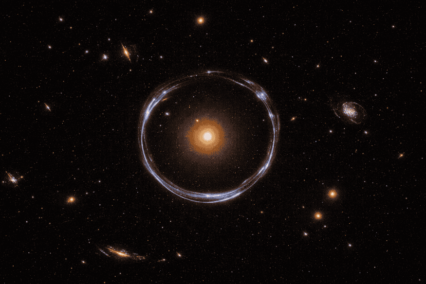 Galáxia central cercada por um anel azul brilhante, exemplo de anel de Einstein produzido pela deformação da luz no espaço.