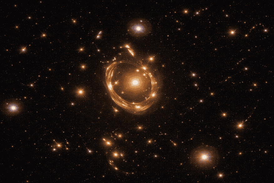 Anel de Einstein ao redor de uma galáxia brilhante, com outras galáxias visíveis ao fundo em uma cena do espaço profundo.