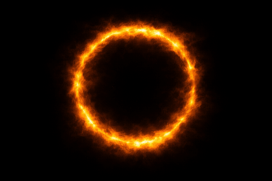 Anel luminoso circular em fundo escuro, representando um anel de Einstein formado pela curvatura da luz ao redor de um objeto massivo.