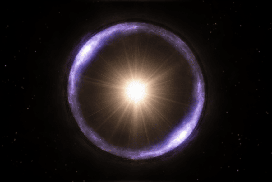 Estrela ou galáxia brilhante no centro de um anel arroxeado no espaço, ilustrando a formação visual de um anel de Einstein.