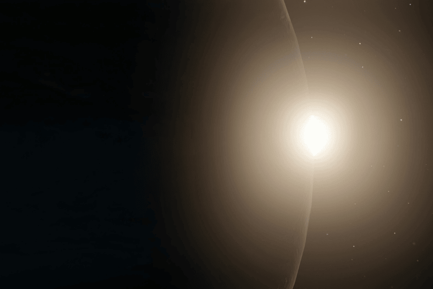 Ilustração espacial com planeta em primeiro plano e estrela brilhante ao fundo, representando a identificação de planetas e estrelas com aplicativo de astronomia.