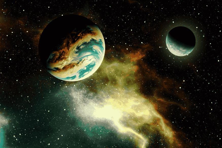 Dois exoplanetas em cenário espacial com nuvens e brilho difuso, representação da análise remota de atmosferas planetárias fora do Sistema Solar.