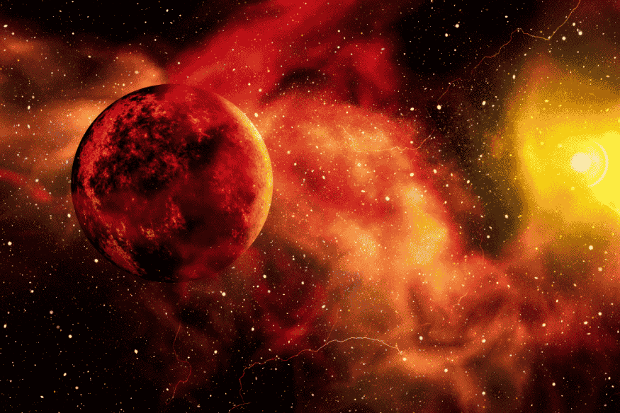 Exoplaneta em destaque diante de estrela brilhante, ilustração sobre como astrônomos analisam atmosferas de exoplanetas por meio da luz estelar.