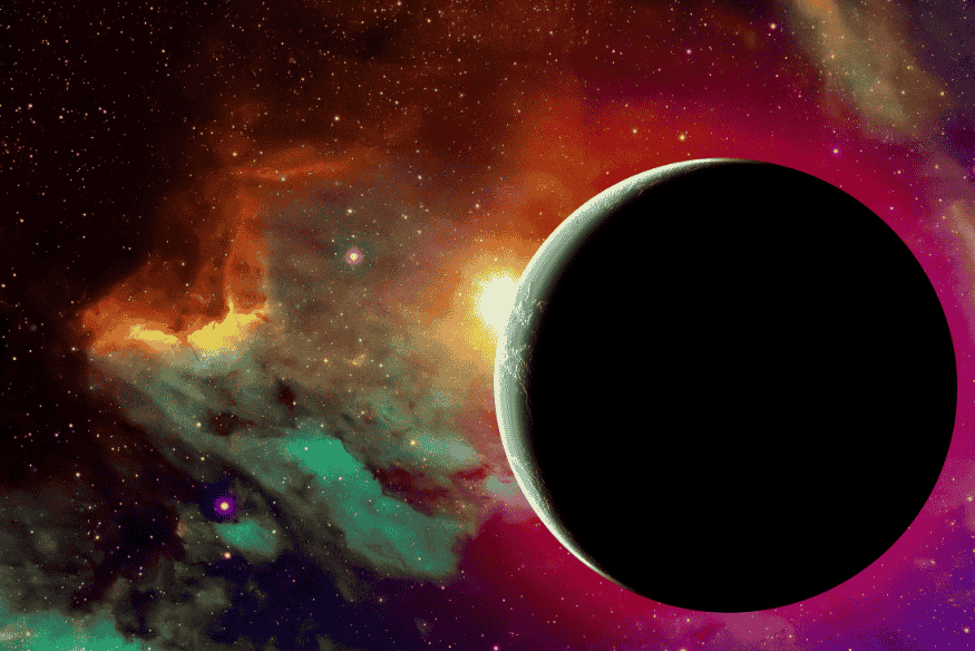 Silhueta escura de exoplaneta diante de fundo cósmico colorido, imagem conceitual sobre observação de trânsito e estudo de atmosferas de exoplanetas.