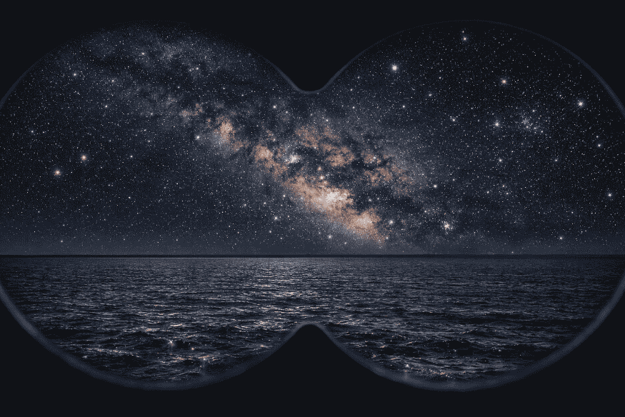 Simulação da Via Láctea vista pelo campo de visão de um binóculo sobre o mar, ilustrando como o céu pode aparecer durante a observação.