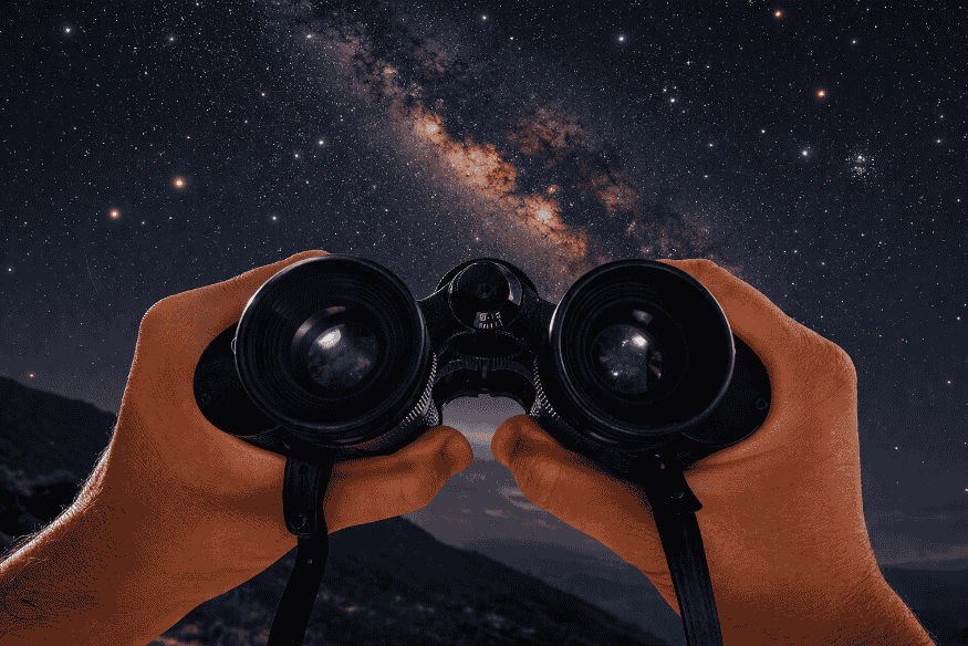 Mãos segurando um binóculo apontado para a Via Láctea no céu noturno, destacando o uso do equipamento na observação astronômica.