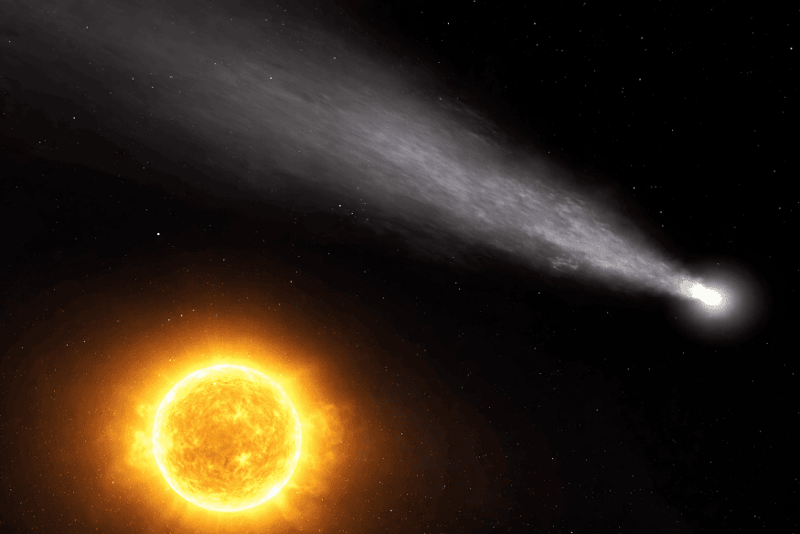Cometa com cauda extensa cruzando o espaço perto do Sol, mostrando o efeito do calor solar sobre seu material gelado.