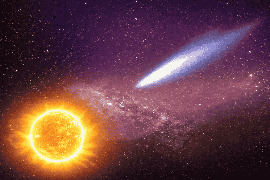 Cometa brilhante próximo ao Sol em cena espacial, com longa cauda clara formada pelo aquecimento intenso ao se aproximar da estrela.