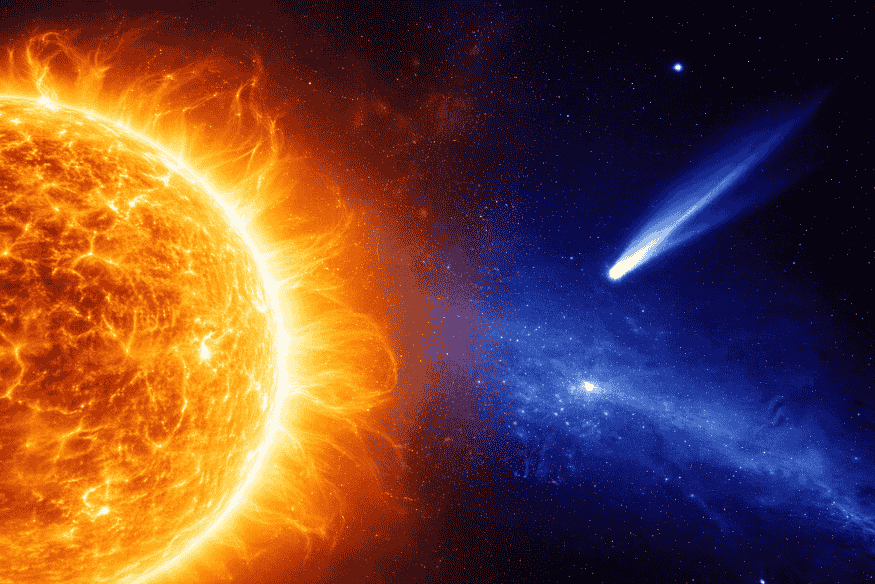 Cometa rasante passando muito perto do Sol no espaço, com núcleo brilhante e cauda luminosa em direção oposta à estrela.