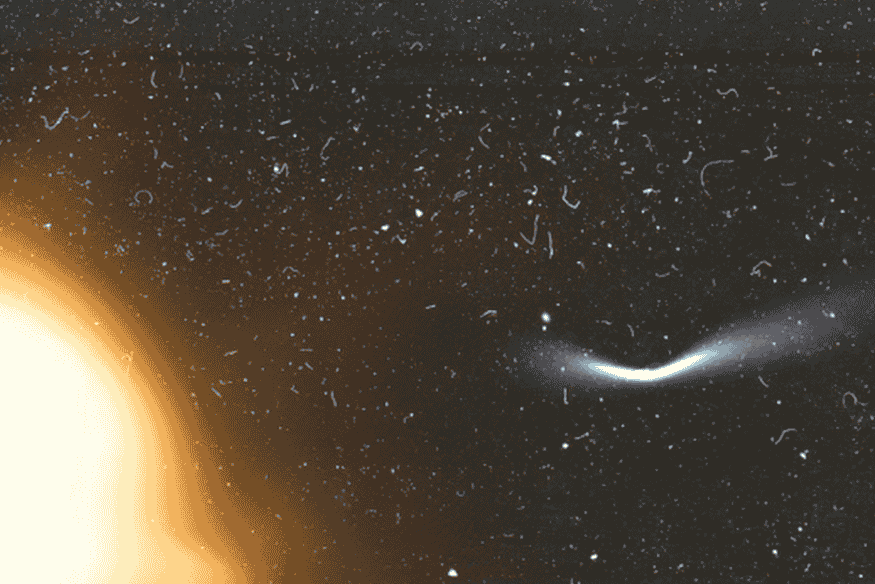 Cometa pequeno e brilhante próximo ao Sol, com cauda curta visível no espaço escuro ao lado da intensa luz solar.