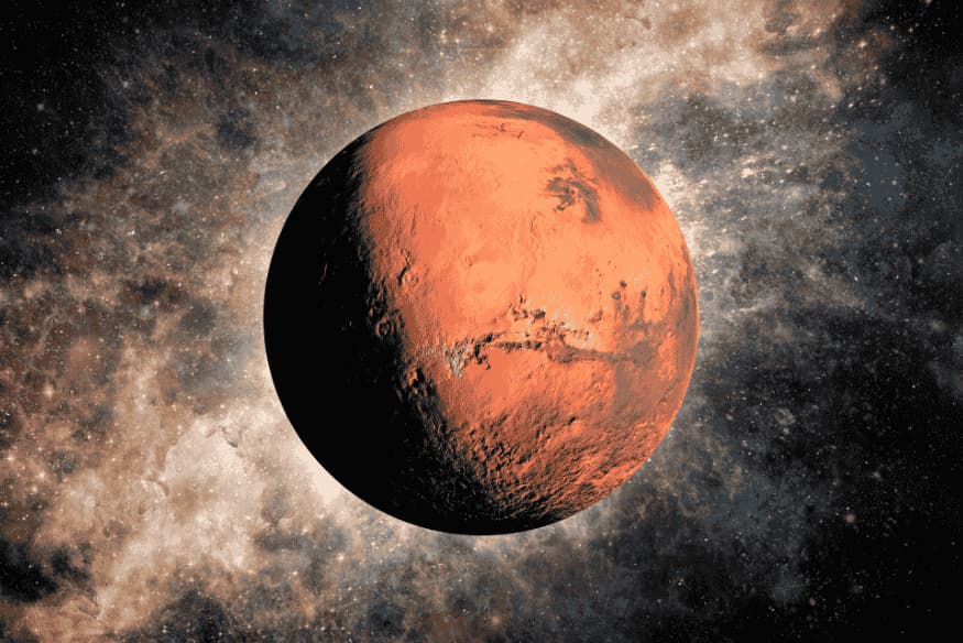 Planeta Marte destacado no espaço, com superfície avermelhada visível e fundo estrelado ao redor.