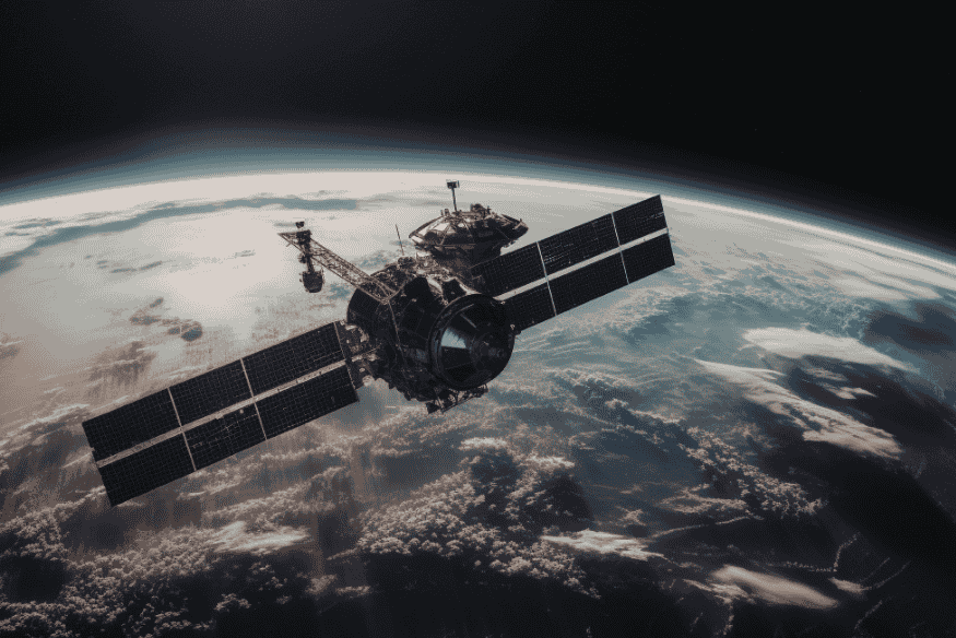 Satélite em órbita acima da Terra, com grandes painéis solares e detalhes da estrutura visíveis contra o fundo escuro do espaço.