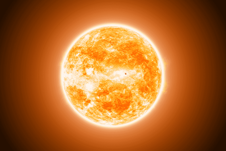 Representação do Sol com brilho intenso e coloração alaranjada, usada para explicar a cor real da estrela em comparação com a percepção humana.