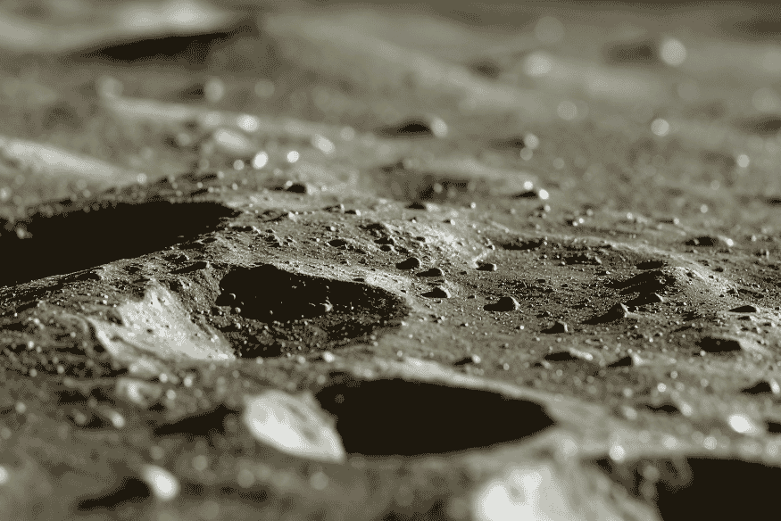 Close da superfície lunar com crateras de vários tamanhos, mostrando o terreno irregular e rochoso da Lua.