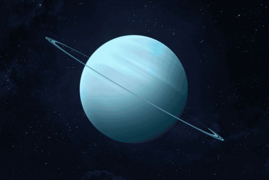 Urano representado no espaço profundo, em azul muito claro, com um anel fino inclinado cruzando o planeta de forma diagonal.