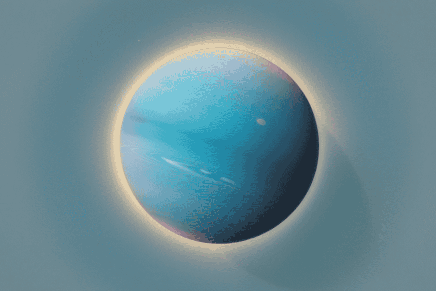 Representação de Urano em tom azul-claro, cercado por um halo luminoso, com aparência suave e quase sem detalhes visíveis na atmosfera.