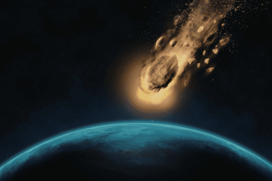 Grande asteroide se aproximando de um planeta azul, representação visual de cenário de impacto estudado em planos reais de defesa planetária.