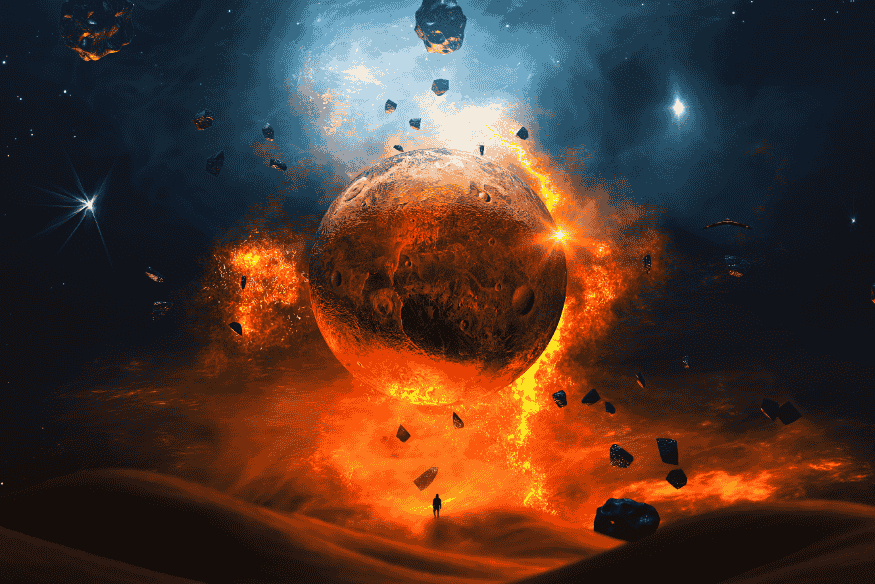 Cena espacial dramática com planeta cercado por fragmentos e explosões, ilustrando ameaças de colisão e a importância da defesa planetária.