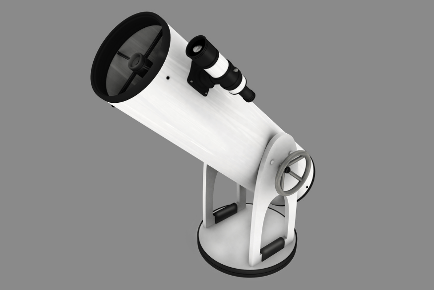 Telescópio dobsoniano branco com base simples e ocular lateral, isolado em fundo neutro para destacar o formato do equipamento.