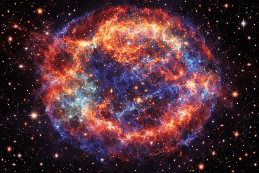 Estrutura circular colorida no espaço, representação visual de energia escura em artigo sobre os maiores mistérios da física.