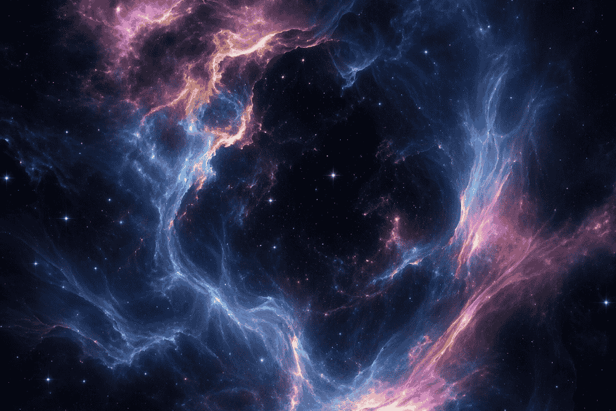 Nuvens cósmicas em tons de azul e rosa no espaço profundo, imagem conceitual sobre energia escura e os mistérios da física moderna.