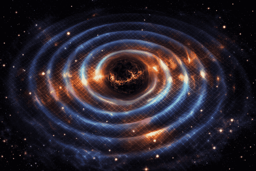 Ilustração cósmica com espirais luminosas ao redor de um centro escuro, representando a energia escura como força associada à expansão do universo.