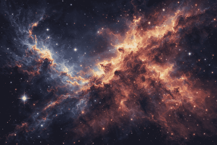 Formação espacial com gases brilhantes e estrelas ao fundo, ilustração associada à energia escura e à expansão acelerada do universo.