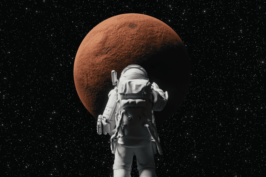 Astronauta diante de um planeta avermelhado no espaço, imagem conceitual sobre a ausência de som no vácuo espacial.