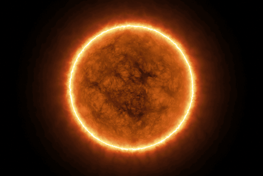 Sol em destaque no espaço com halo brilhante ao redor e estrutura atmosférica visível, representando a energia envolvida nas explosões solares.