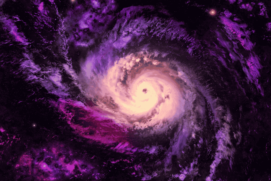 Galáxia espiral em tons de roxo e rosa, com núcleo brilhante e braços largos se espalhando pelo espaço.