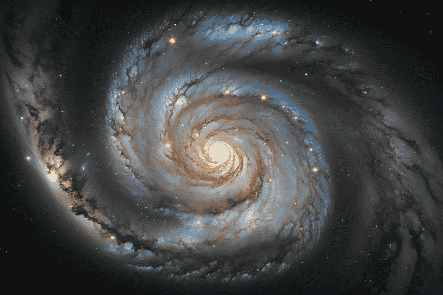 Galáxia espiral vista de frente, com braços azulados, faixas de poeira escura e núcleo claro no centro.