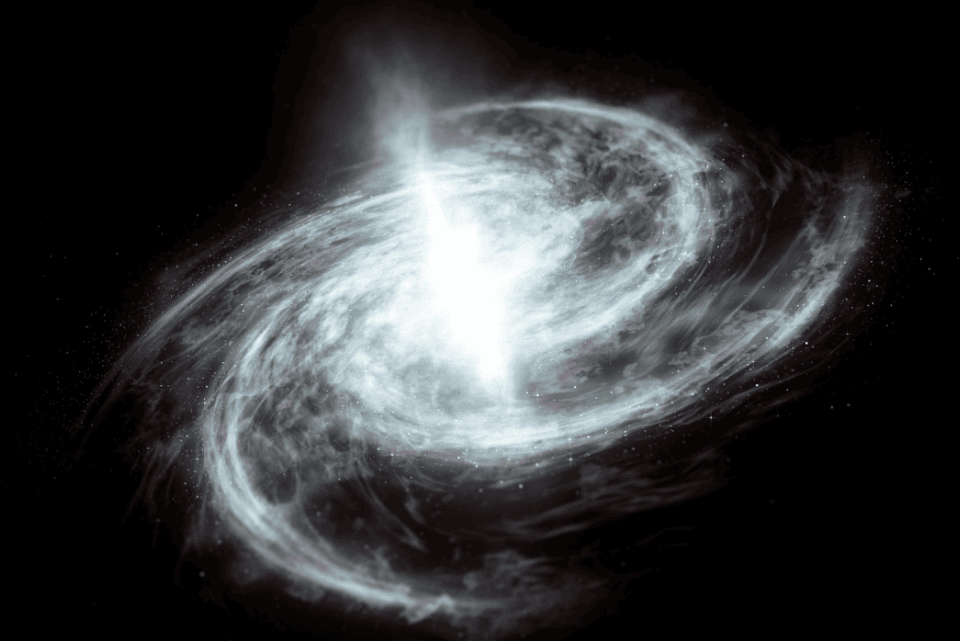 Galáxia espiral brilhante com braços curvos de gás e poeira ao redor de um núcleo muito luminoso, vista sobre fundo escuro do espaço.