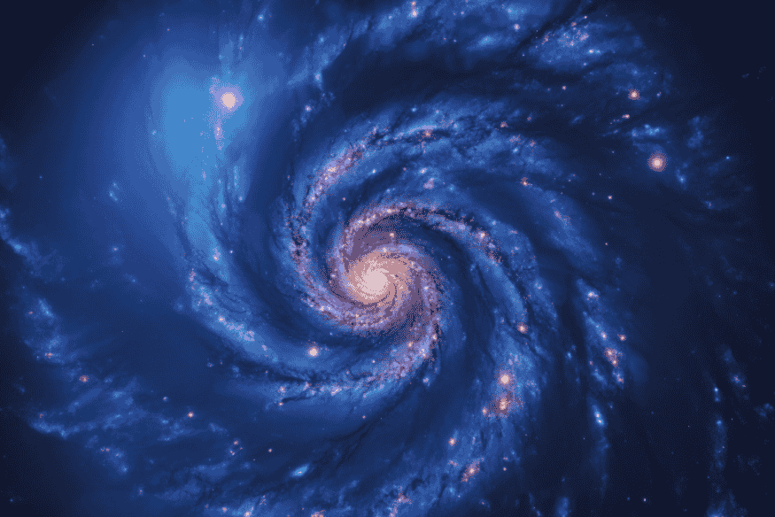 Galáxia espiral azul com braços bem visíveis e centro luminoso, cercada por estrelas em uma cena do espaço profundo.