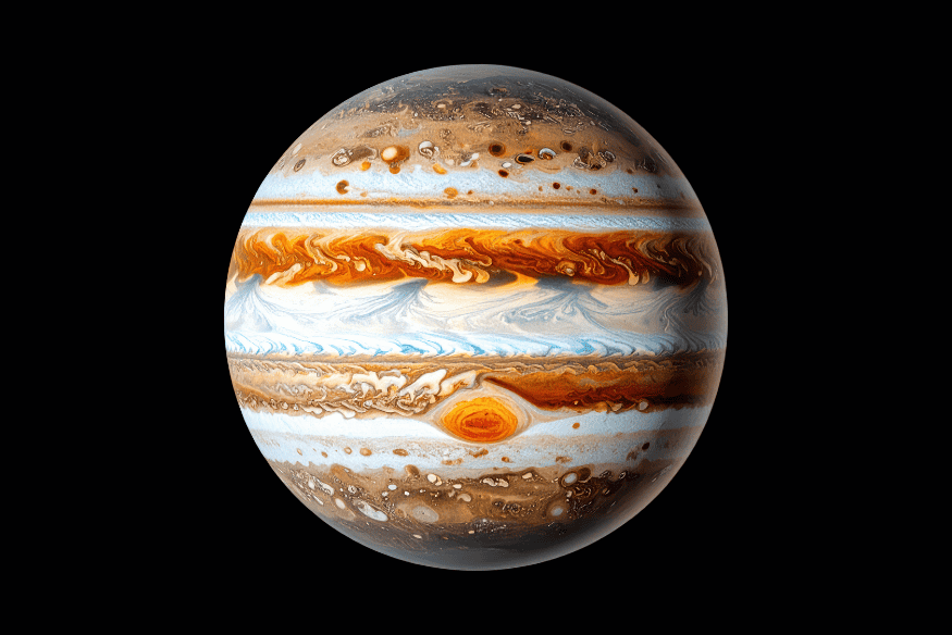 Imagem detalhada de Júpiter em fundo preto, com destaque para suas faixas atmosféricas e a Grande Mancha Vermelha.