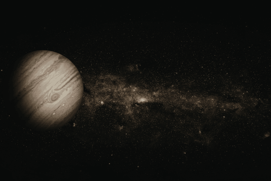 Ilustração de Júpiter visto no espaço profundo, destacando seu tamanho e a atmosfera marcada por faixas de nuvens.