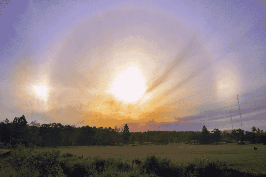 Halo solar no céu ao entardecer sobre campo aberto, com parélios visíveis ao lado do Sol e nuvens iluminadas.