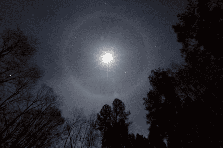 Halo lunar formando um anel de luz ao redor da Lua no céu noturno, visto acima de árvores escuras em uma paisagem de floresta.