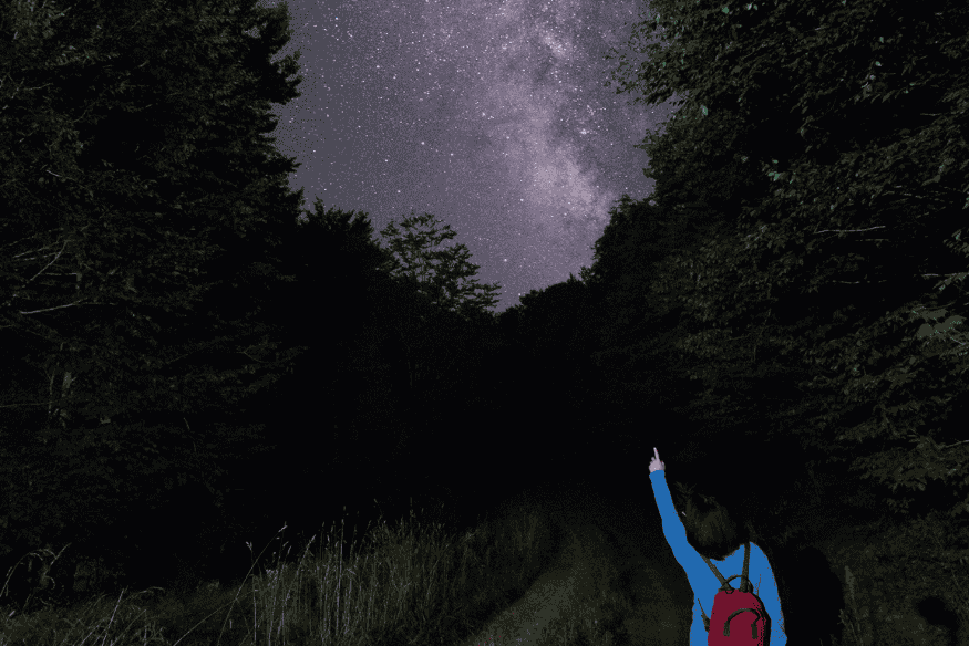 Pessoa apontando para o céu estrelado em estrada cercada por floresta escura, com a Via Láctea visível acima das árvores.