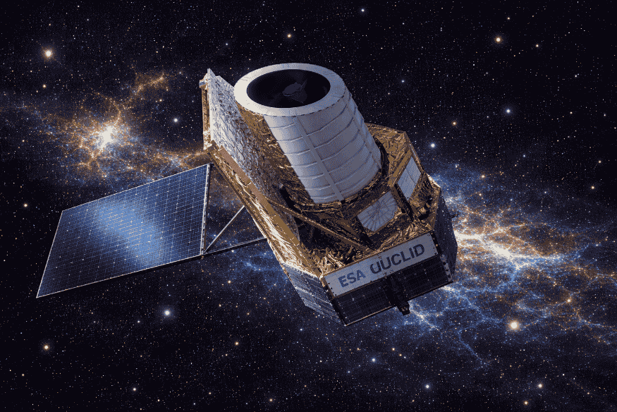 Nave espacial ESA Euclid com painel solar aberto em meio ao espaço, imagem sobre a missão Euclid e seu impacto no estudo da estrutura cósmica.