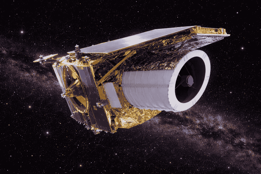 Telescópio espacial Euclid da ESA em operação no espaço, usado para mapear galáxias e estudar energia escura e matéria escura.