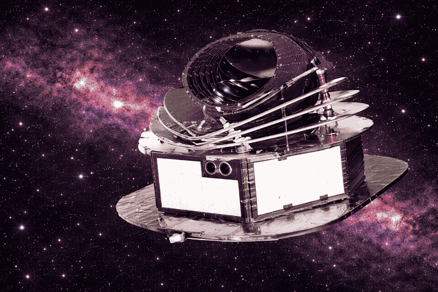 Representação da sonda Ariel em meio ao espaço profundo, observatório espacial voltado à pesquisa de exoplanetas e suas atmosferas.