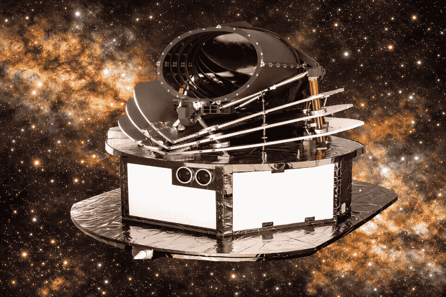 Telescópio espacial Ariel em ilustração no espaço, missão dedicada ao estudo das atmosferas de exoplanetas e à análise de sua composição química.